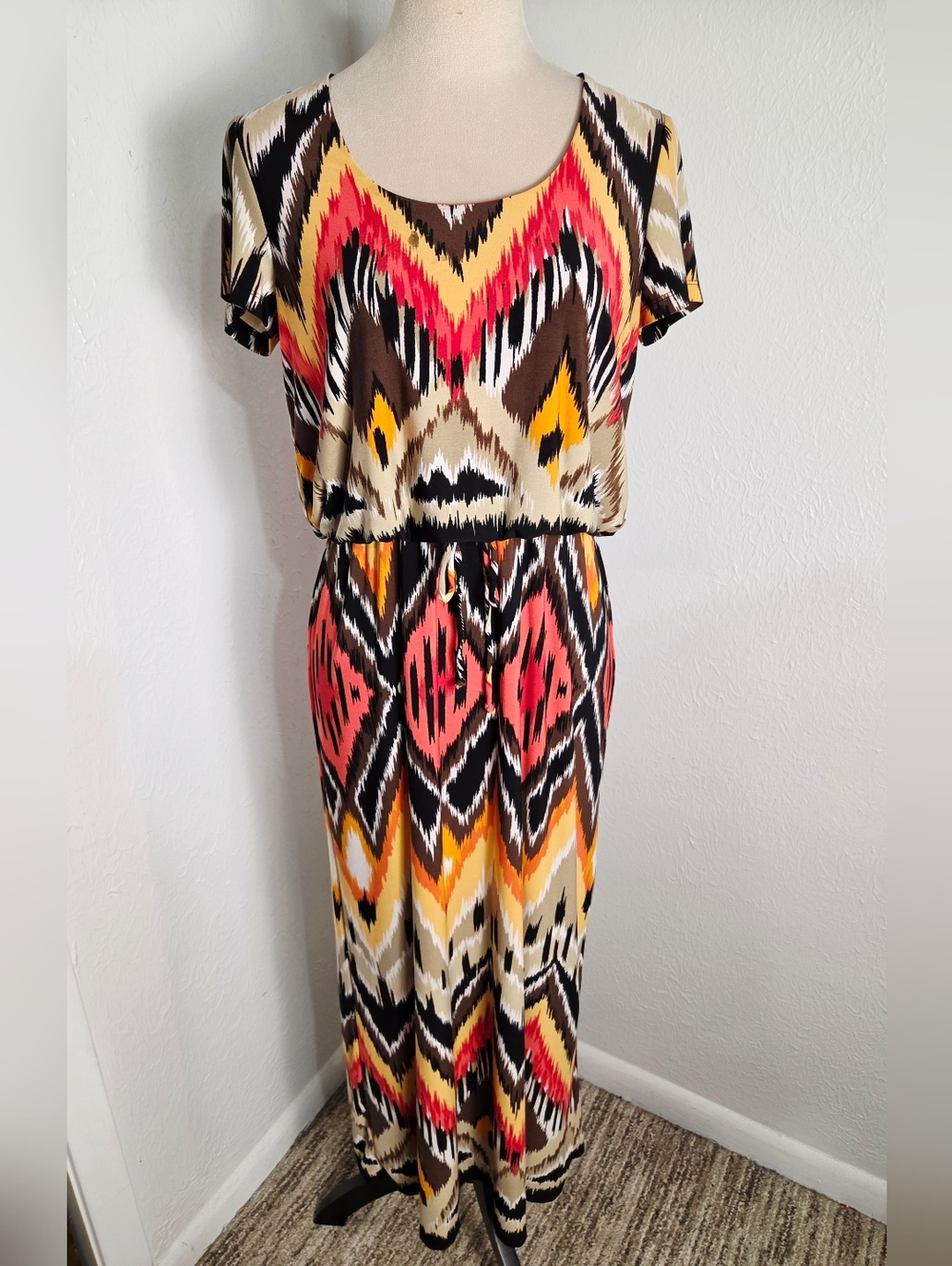 Shelby & Palmer Coral, Yellow, Black & Brown Maxi Dress with Ikat Designs, Sz 10